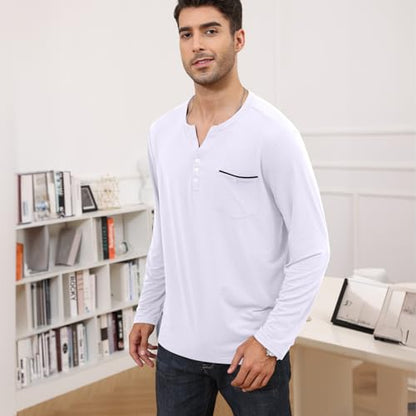 Lexiart Mens Long Sleeve Henley Shirts Slim Fit Basic Pullover T-Shirts with Pocket Button Placket Plain V Neck Shirts White
