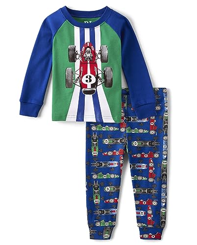 The Children's Place Baby Boys' and Toddler Long Sleeve Top and Pants Snug Fit 100% Cotton 2 Piece Pajama Set, Racecar Blue, 6-9 Months
