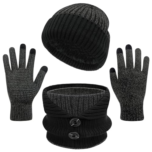 3-Pieces Winter Beanie Hats, Scarf and Touch Screen Gloves Set for Men and Women, Warm Knit Cap Set Dark Grey-2