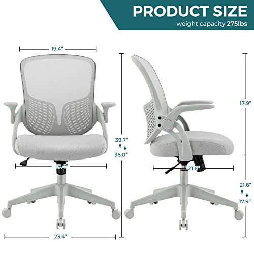 SMUG Home Office Ergonomic Desk Mesh Computer Modern Height Adjustable Swivel Chair with Lumbar Support/Flip-up Arms, Grey, 17" D x 19.5" W x 36" H