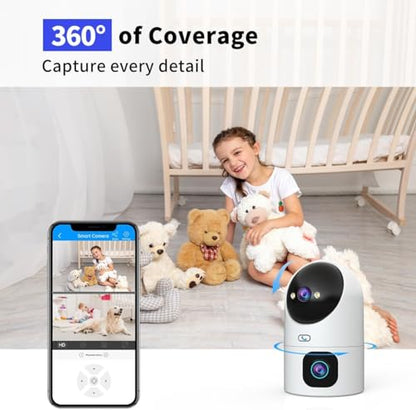 JOOAN Dual Lens 5G Security Camera, 2Kx2 Wireless WiFi Indoor Camera with 360° PTZ, Plug in Home Pet Camera for Baby, Motion Detection, One Touch Call, Dual-Screen Display, 2 Way Talk, Work with Alexa