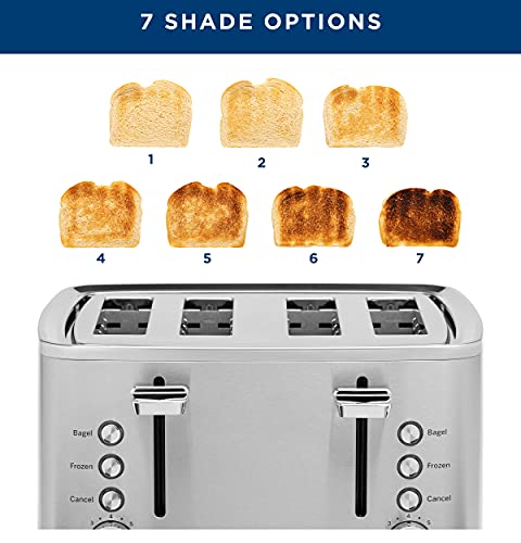 GE Stainless Steel Toaster | 4 Slice | Extra Wide Slots for Toasting Bagels, Breads, Waffles & More | 7 Shade Options for the Entire Household to Enjoy | Countertop Kitchen Essentials | 1500 Watts