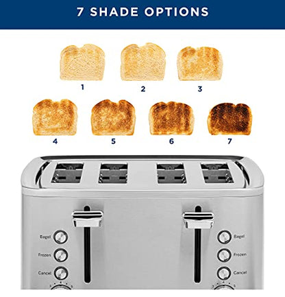 GE Stainless Steel Toaster | 4 Slice | Extra Wide Slots for Toasting Bagels, Breads, Waffles & More | 7 Shade Options for the Entire Household to Enjoy | Countertop Kitchen Essentials | 1500 Watts