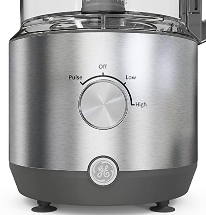 GE Food Processor |12 Cup | Complete with 3 Feeding Tubes & Stainless Steel Accessories-3 Discs + Dough Blade | 3 Speed | for Shredded Cheese, Chicken & More | Kitchen Essentials | 550 Watts