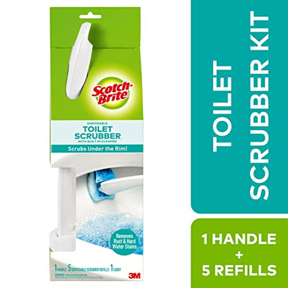 Scotch-Brite Disposable Toilet Scrubber Starter Kit, Disposable Refills with Built-In Bleach Alternative, Includes 1 Handle, Storage Caddy and 5 Refills