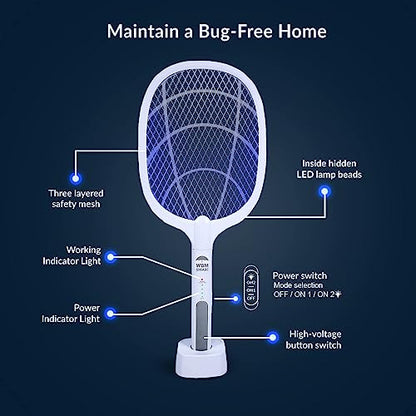 WBM SMART 2 in 1 Electric Bug Zapper, Mosquitoes Trap Lamp & Racket, USB Rechargeable Electric Fly Swatter for Home and Outdoor Powerful Grid 3-Layer Safety Mesh Safe to Touch