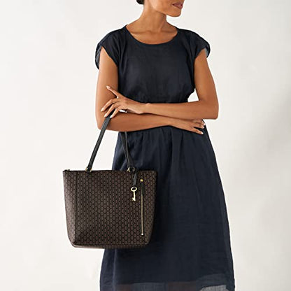 Fossil Women's Tara Faux Leather Shopper Tote Purse Handbag, Black/Brown (Model: ZB1781015)