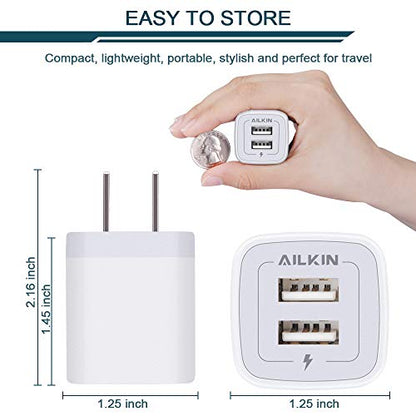 USB Wall Charger, Charger Adapter, AILKIN 2-Pack 2.1A Dual Port Quick Charger Plug Cube for iPhone 14 13 12 11 Pro Max 10 SE X XS 8 Plus Samsung Galaxy S22 S21 S20 Power Block Fast Charging Box Brick