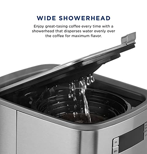 GE Drip Coffee Maker With Timer | 12-Cup Glass Carafe Coffee Pot With Warming Plate | Adjustable Brew Strength | Wide Shower Head for Maximum Flavor | Kitchen Essentials | Stainless Steel