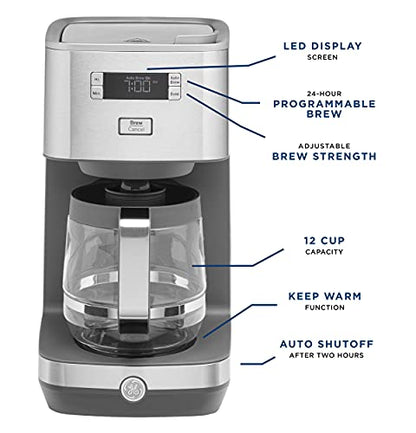 GE Drip Coffee Maker With Timer | 12-Cup Glass Carafe Coffee Pot With Warming Plate | Adjustable Brew Strength | Wide Shower Head for Maximum Flavor | Kitchen Essentials | Stainless Steel
