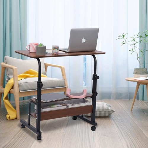 Adjustable Height Rolling Portable Desk with Wheels, Small Standing Desk Mobile 32 Inch Computer Desk for Small Space, Work Desk for Home Office with Storage Laptop Table Study Student Desk Brown