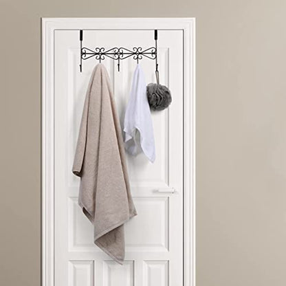 5 Pack Over The Door Hooks Hanger, Over The Door Towel Rack Coat Rack with 5 Hooks, Metal Hanging Organizer for Clothes Coat Hat Towel Bedroom Bathroom, Black