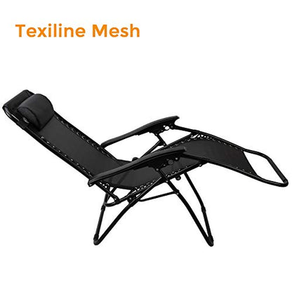 Pacific Pass Folding Zero Gravity Reclining Chair w/ Built-In Headrest - Durable Construction - Black