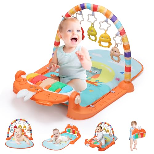 HOLYFUN Baby Gym Play Mat, Play Piano Gym with Sound & Light,Tummy Time Activity Mat with Baby Rattles for Sensory and Motor Skill Development, Musiacl Activity Center for Newborn Baby, Orange