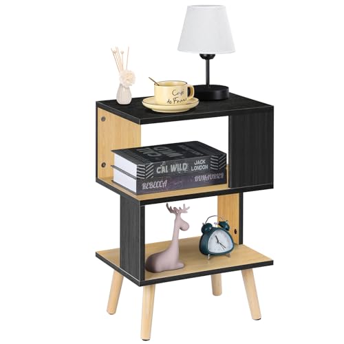 MOOACE Minimalist 3-Tier Wood Side Table for Small Spaces with Open Storage - Small Black End Table for Living Room - Modern Black Nightstand Bedside Table for Bedroom