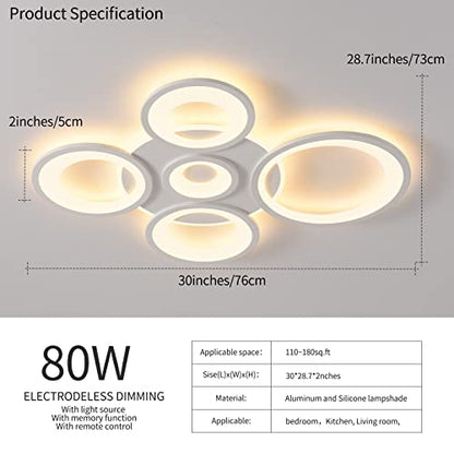 Modern LED Ceiling Light 80W Dimmable LED Acrylic Ceiling Lamp with Remote Control 5 Rings Flush Mount Ceiling Light White LED Chandelier Lighting for Living Room Dining Room Bedroom Kitchen…