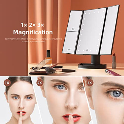 Essbhach 21LED Lighted Vanity Makeup Mirror, 4 Magnifications and Touch Screen Dimming,180° Rotation Trifold Cosmetic Mirror with Dual Power and Adjustable Brightness, Gift for Mothers Day