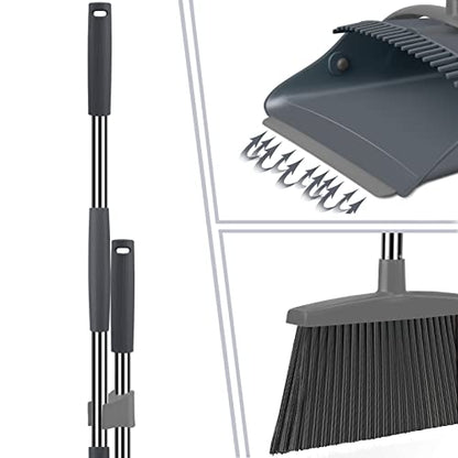 Broom and Dustpan Set, Broom Dust pan, Dustpan with Long Handle, Broom with Dustpan, Broom and Dustpan Set for Home, Dustpan Comb, Broom with Dustpan Indoor or Outdoor Broom(Deep Gray&Light Gray)
