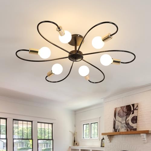 DELIPOP Sputnik Light Fixture, 6 Light Black and Gold Ceiling Light Fixture, Mid Century Industrial Modern Sputnik Chandelier for Bedroom, Kitchen, Living Room, Dining Room