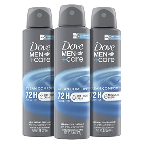 Dove Men+Care Antiperspirant Deodorant Dry Spray Clean Comfort 3 Count For Men 48-hour Sweat and Odor Protection with Triple Defense Technology 3.8 oz