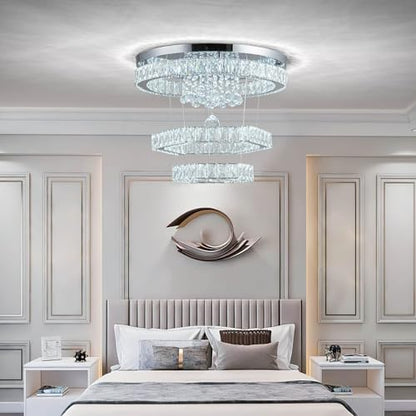 Zswanbei 19.6" Crystal LED Chandelier Pendant Light Fixture Stainless Steel 3 Ring Modern Ceiling Lamps for Living Room Dining Room Bedroom (Cool White)
