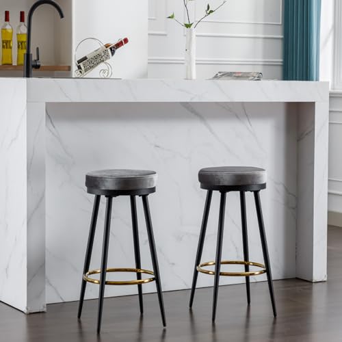 ELIASER 24“ Bar Stools Set of 2 for Kitchen Island, Counter Height Bar Stools Set of 2 Modern Velvet Armless, Swivel Round with Golden Metal Footrest for Dining Room Coffee Shop, Grey