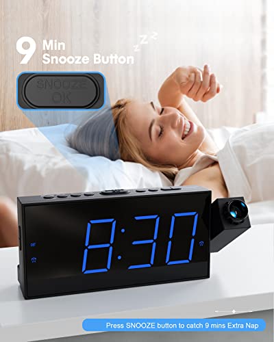 Digital Projection Alarm Clocks for Bedrooms - Large LED Display, 180° Rotatable Projector, 5-Level Dimmer,USB Charger,Battery Backup,Loud Dual Alarms for Kids Elderly,Heavy Sleepers,Snooze,12/24H,DST