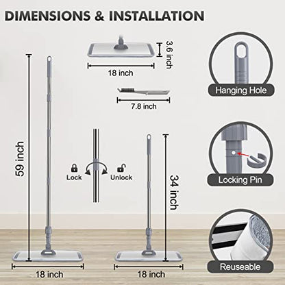 Sunally 18 Inch Professional Microfiber Mop Floor Cleaning Mop, Wet and Dust Mop with 4 Reusable Mop Pads and Mop Holder, Grey