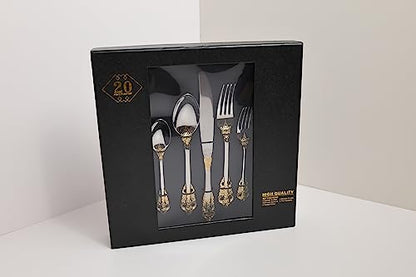 Runfly Gorgeous Baroque Silver Gold 18/10 Stainless Steel 20 Pieces Flatware Set, Anti-rust Stainless Steel Gold Cutlery Set Utensils Including Fork Spoon and Knife with Gift Box