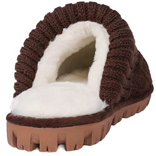 Footsuite Women's Knitted Memory Foam Scuff Mule Slipper with Faux Fur Lining, Slip-on Outdoor Indoor House Shoes(Coffee, 9-10)