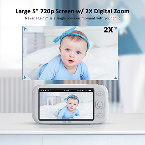 NexiGo Video Baby Monitor with Camera and Audio, 5 Inch Split IPS Screen, Support Up to 4 Cameras, 2-Way Audio, Pan-Tilt-Zoom, 4800mAh Battery, Temperature Detection, Night Vision, Lullaby (White)