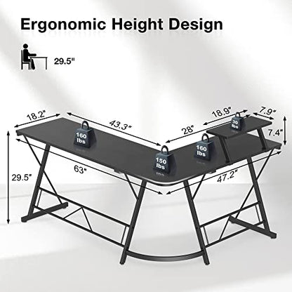 Mr IRONSTONE 63" L Shaped Gaming Desk, Corner Computer Desk, Home Office Writing Desk with Sturdy Monitor Shelf, Spacious L Shaped Desk Workstation, Easy to Assemble, Black
