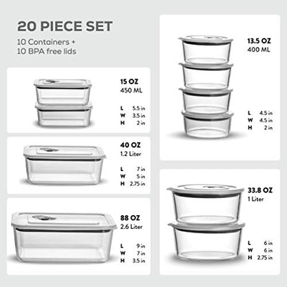 FineDine 20-Piece Glass Food Storage Container Set - 100% Leakproof, BPA-Free, and Oven Safe - Perfect for Meal Prep and On-the-Go (Grey)