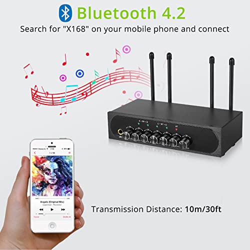 LiNKFOR Portable UHF 4 Channel Wireless Microphone System with Four Handheld Wireless Microphone, Bluetooth Wireless Connection for Mobliephones, 50 * 4 Frequencies, with Echo, AUX Input & Output