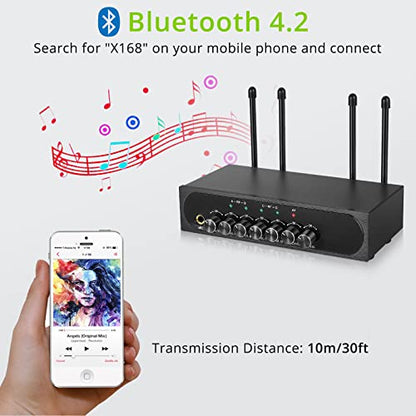 LiNKFOR Portable UHF 4 Channel Wireless Microphone System with Four Handheld Wireless Microphone, Bluetooth Wireless Connection for Mobliephones, 50 * 4 Frequencies, with Echo, AUX Input & Output