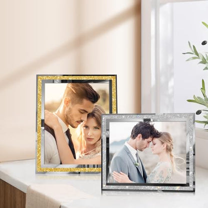 Egofine 8x10 Picture Frames Set of 4, Glass Picture Frames Gold Crystal with Silver Edge Wedding Photo Frames for Tabletop Display Vertically or Horizontally