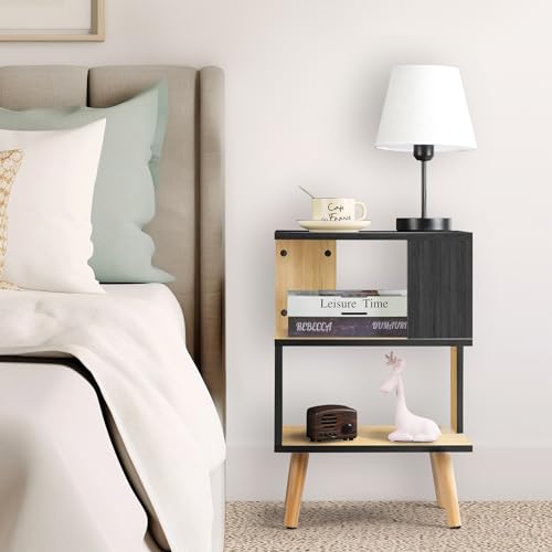 MOOACE Minimalist 3-Tier Wood Side Table for Small Spaces with Open Storage - Small Black End Table for Living Room - Modern Black Nightstand Bedside Table for Bedroom