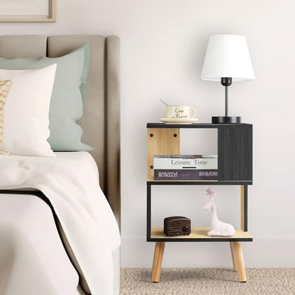 MOOACE Minimalist 3-Tier Wood Side Table for Small Spaces with Open Storage - Small Black End Table for Living Room - Modern Black Nightstand Bedside Table for Bedroom