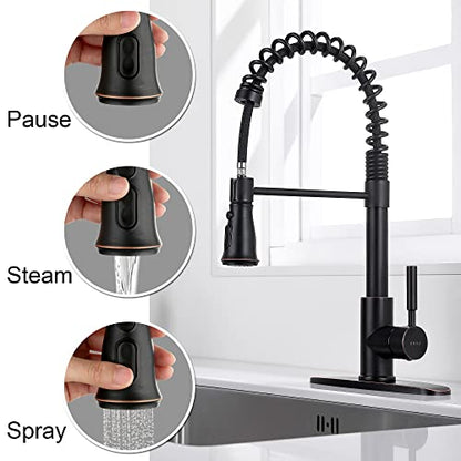 SOKA Kitchen Faucet Oil Rubbed Bronze Commercial Kitchen Sink Faucet with Pull Down Sprayer Kitchen Faucet Bronze with Deck Plate Single Handle Modern Rv Kitchen Faucet ORB, 3 Function Laundry Faucet