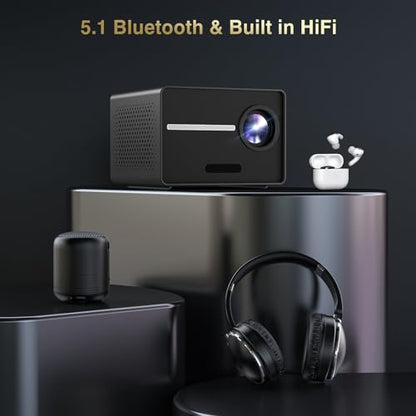 HAPPRUN Projector, [Electric Focus] Mini Projector, 1080P Support Portable Bluetooth Projector With Speaker, 200" Support Outdoor Movie Projector Compatible With Smartphone/HDMI/USB/AV/Fire Stick/PS5