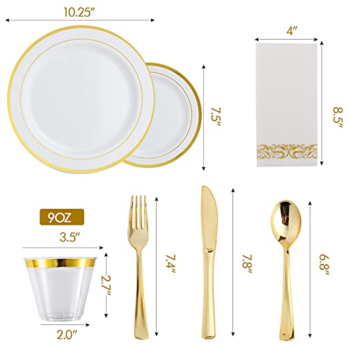 Vplus 175PCS White and Gold Disposable Dinnerware Sets for Wedding Party 25 Guests 25 Dinner Gold Plastic Plates 25 Dessert Plates & 25 Gold Paper Napkins & 25 Gold Plastic Silverware Set