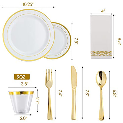 Vplus 175PCS White and Gold Disposable Dinnerware Sets for Wedding Party 25 Guests 25 Dinner Gold Plastic Plates 25 Dessert Plates & 25 Gold Paper Napkins & 25 Gold Plastic Silverware Set