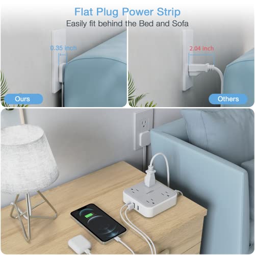Flat Plug Power Strip, TESSAN 5 ft Ultra Thin Extension Cord with 3 USB Wall Charger(1 USB C Port), 4 Outlets Slim Desk Charging Station Compact for Travel, Office, School, Dorm Room Essentials