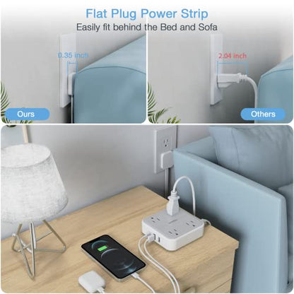 Flat Plug Power Strip, TESSAN 5 ft Ultra Thin Extension Cord with 3 USB Wall Charger(1 USB C Port), 4 Outlets Slim Desk Charging Station Compact for Travel, Office, School, Dorm Room Essentials