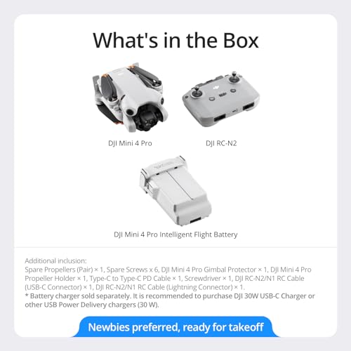 DJI Mini 4 Pro (DJI RC-N2), Folding Mini-Drone with 4K HDR Video Camera for Adults, Under 0.549 lbs/249 g, 34 Mins Flight Time, 20 km Max Video Transmission Distance, Omnidirectional Vision Sensing