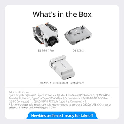 DJI Mini 4 Pro (DJI RC-N2), Folding Mini-Drone with 4K HDR Video Camera for Adults, Under 0.549 lbs/249 g, 34 Mins Flight Time, 20 km Max Video Transmission Distance, Omnidirectional Vision Sensing
