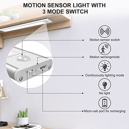 LED Motion Sensor Cabinet Light, Under Cabinet Lights, Wireless USB Rechargeable Kitchen Night Lights, Stick-on Anywhere Battery Powered Operated Light, 35-LED Light for Stairway Wardrobe, Closets