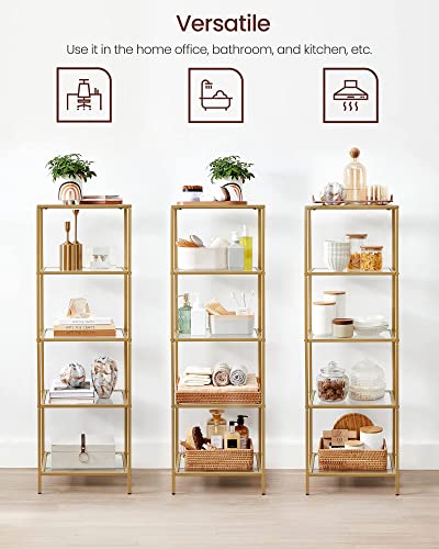 VASAGLE Bookcase, 5-Tier Bookshelf, Slim Shelving Unit for Bedroom, Bathroom, Home Office, Tempered Glass, Steel Frame, Metallic Gold ULGT029A01