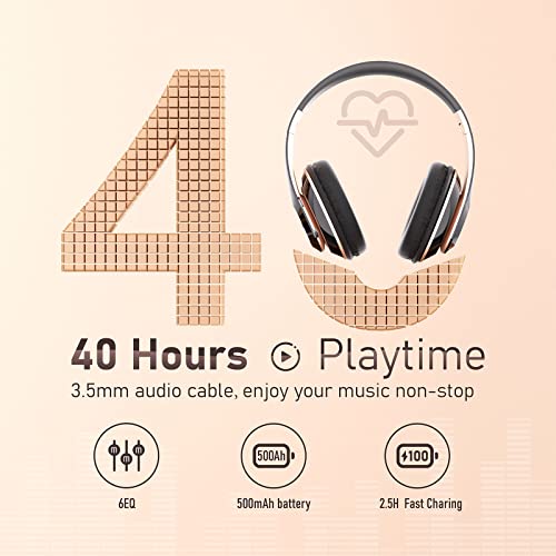 Falebare Bluetooth Headphones Over Ear, 6S Wireless Headphones Wired with 6 EQ Modes, 40 Hours Playtime Foldable HiFi Stereo Headset with Microphone, FM/TF for Cellphone/PC/Work (Black & Gold)