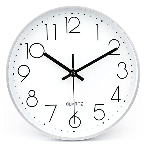jomparis 10 Inch Silver Wall Clock Battery Operated Silent & Non-Ticking Wall Clock for Home Office Bathroom